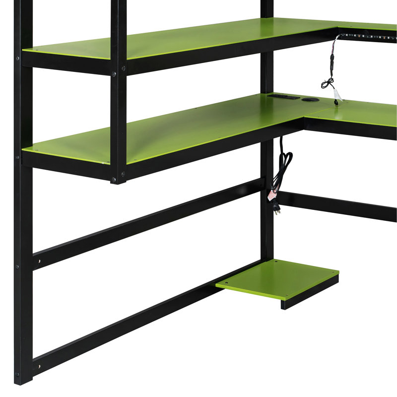 Lit mezzanine en bois avec bureau, tablettes de rangement et lumière RVB