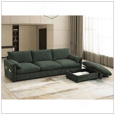 Canapé modulaire en chenille de 96,5 po avec repose-pieds et poches de rangement, support de téléphone réglable, siège large, ensemble de canapé en L de 4 sièges, canapé confortable avec chargeur USB pour le salon, l’appartement,