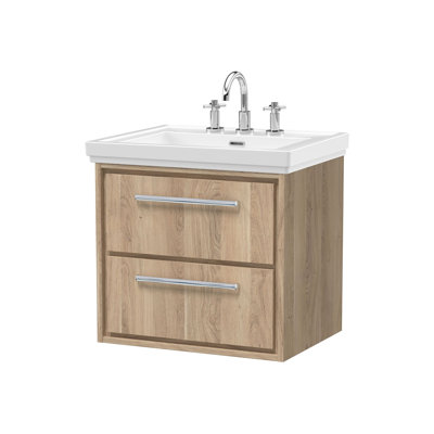 Hudson Reed Lille 800mm Antique Oak 2 Drawer  Wall Hung Vanity Unit With 3 Tap Holes Fireclay Basin