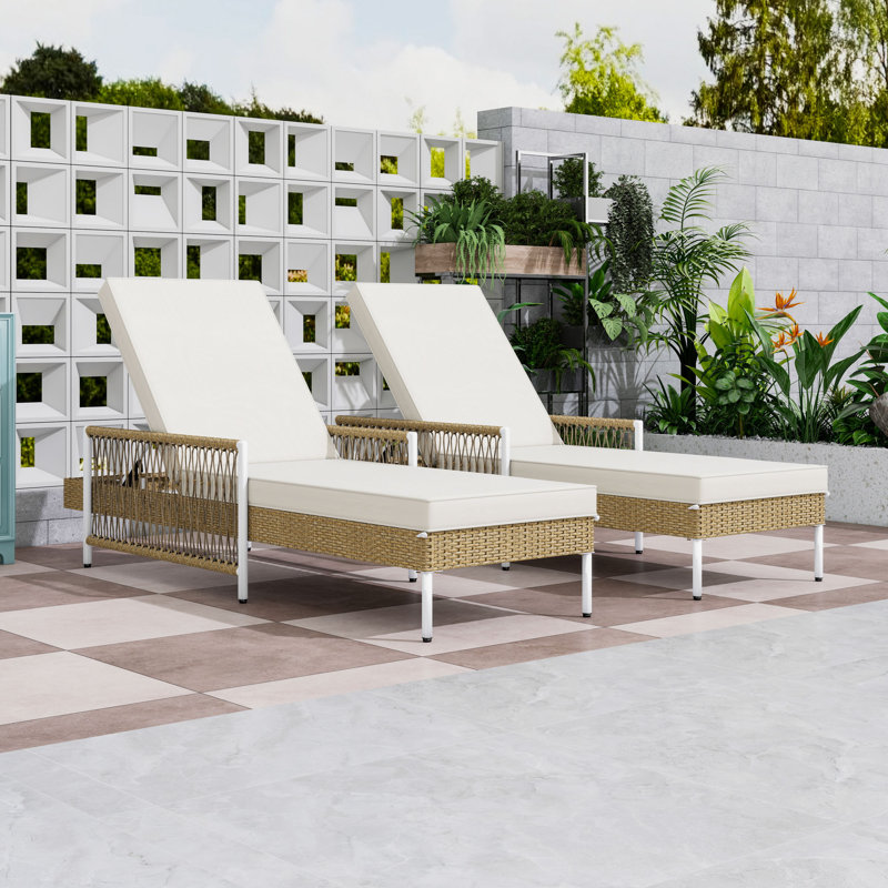 Ensemble de 2 luxueuses chaises longues en rotin en PE tissé à la main avec positions réglables et structure en fer durable