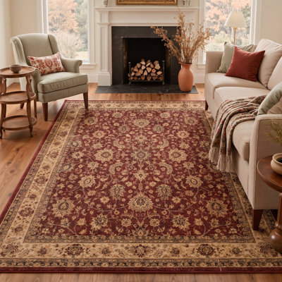 Tapis traditionnel oriental rouge / beige performance à poils courts et antidérapant
