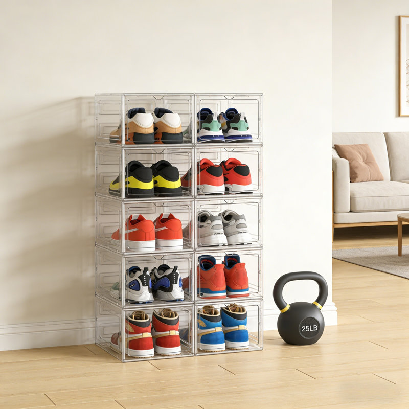 Boîtes de rangement de chaussures rigides améliorées, organisateurs de chaussures empilables en plastique transparent et durable pour placard, vitrine de basket avec portes magnétiques