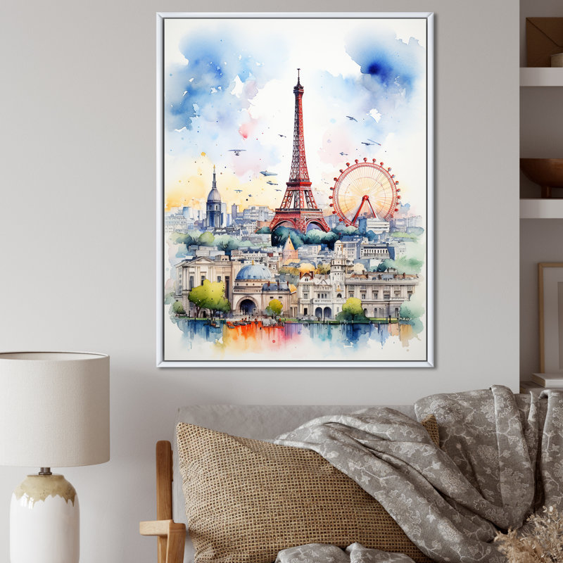 «Paris Skyline Eiffel Tower Vibrant Watercolor I», reproduction sur toile, H 20 po x l 12 po x P 1 po, Cadre flottant blanc