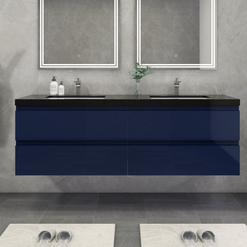 Kirker 72" Wall-Mounted Double Bathroom Vanity Set, Glossy Blue