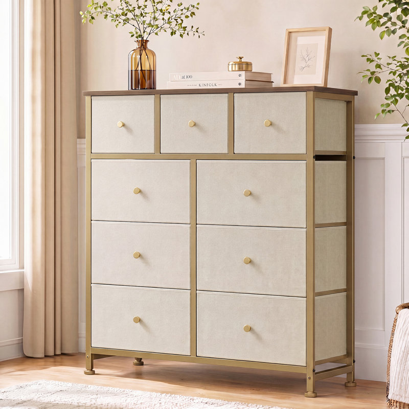 39.37'' W 9-Drawer Fabric Dresser with Wood Top, Storage Chest, Khaki