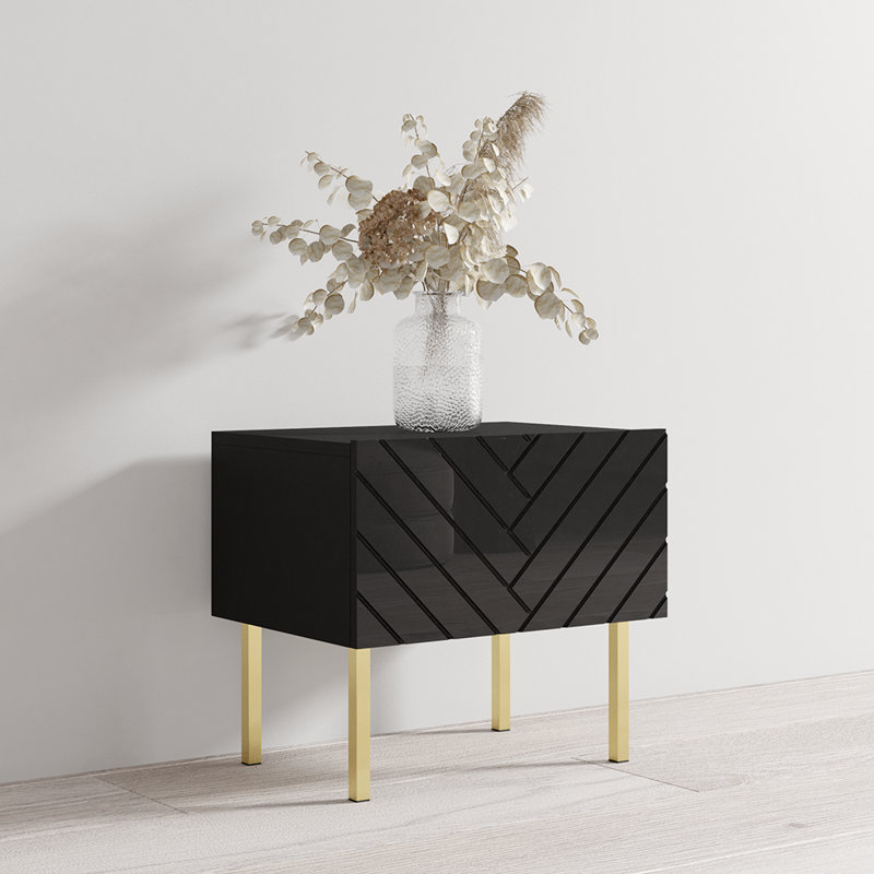 Aranza 17.9" Nightstand with High Gloss Finish, Black