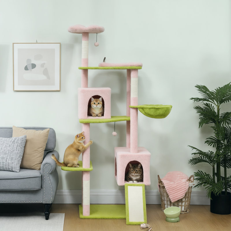 Grands condos pour chat et arbres à chat, tour de fleurs rose en peluche de 74 po pour la maison