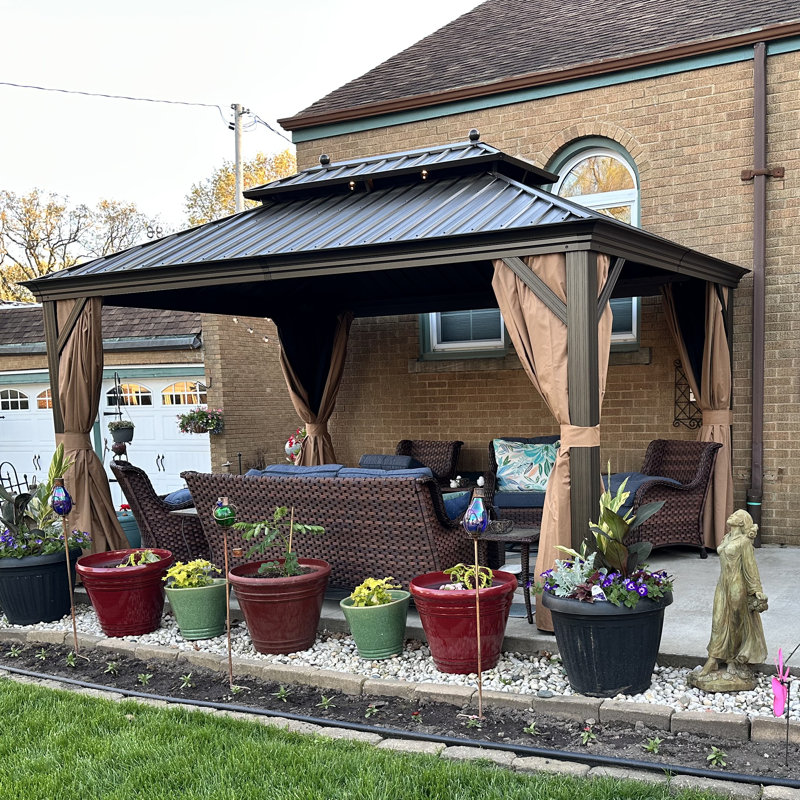 PURPLE LEAF 10' x 14' Hardtop Gazebo with Curtains and Netting for Hot Tub Heavy Duty Deck Beach Pool Backyard Outdoor Canopy Tent Sun Shade Metal Roof Patio Permanent Pavilion