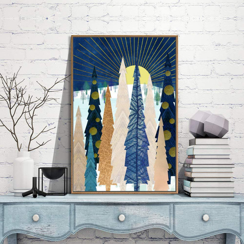 Abstrait nordique, paysage de montagne, rayons de soleil abstraits et arbres imaginaires - cadre flottant, impression sur toile