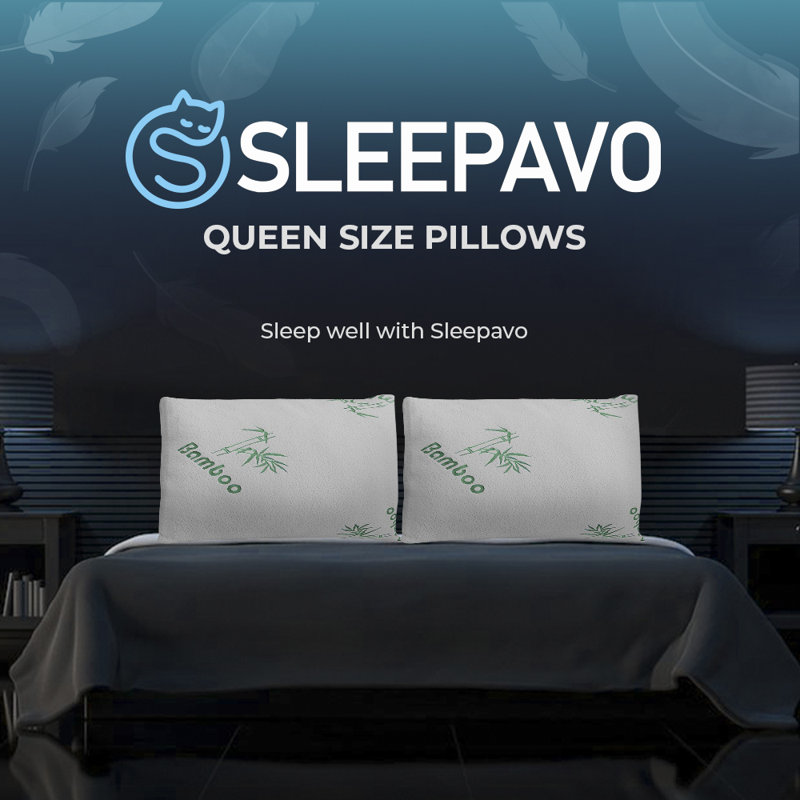 Sleepavo Memory Foam Pillows Queen Size Set of 4 - Cooling Bed Pillows for Sleeping - Back, Stomach, Side Sleeper Firm Pillow - 4 Pack Queen Rayon Derived from Bamboo