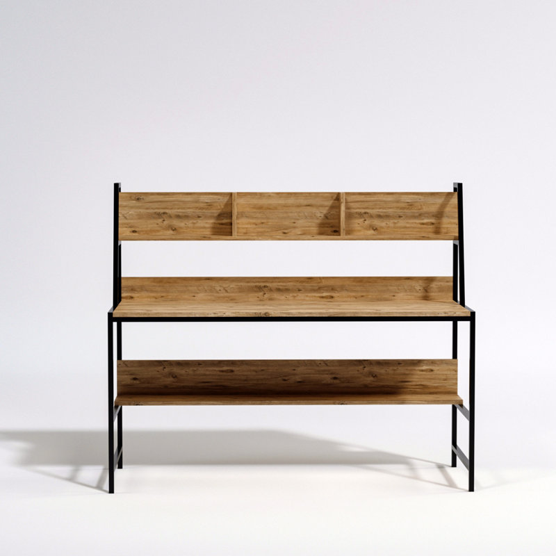 Modern Study Desk with Wall-Mountable Design, Oak Finish, 55.1 x 48.0 x 23.6 inches | 100% Melamine Coated Particle Board, 0.71-inch Thickness, Durable Electrostatic Powder Coated Metal Legs | Multiple Shelves for Organization