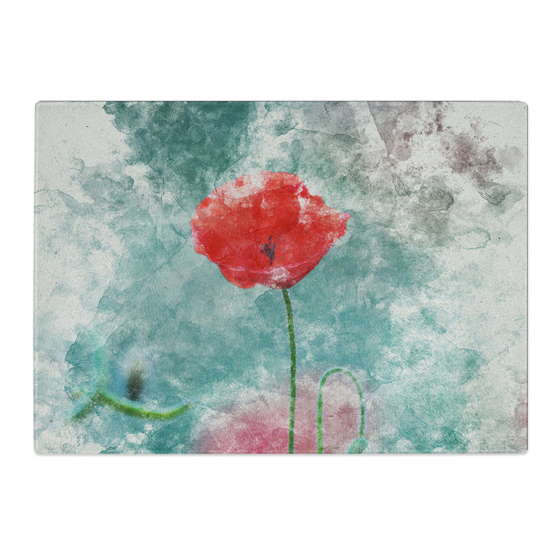 A Lone Poppy Flower Watercolour Chopping Board, 0.4cm H x 20cm W x 28.5cm L