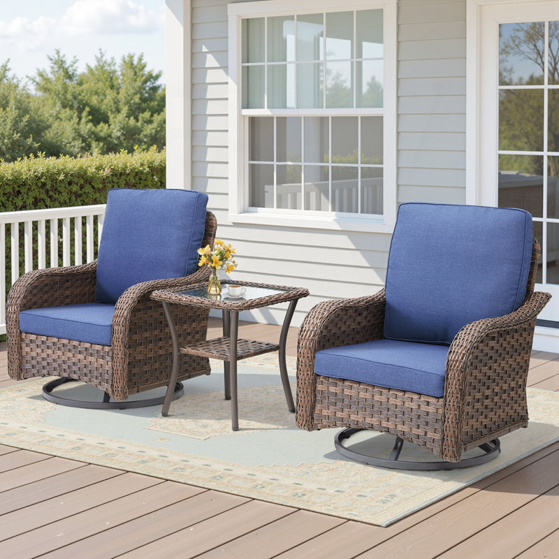 3 Pieces Outdoor Furniture Set with Swivel Gliders, Durable Wicker Patio Kiven for Porch and Backyard, Blue