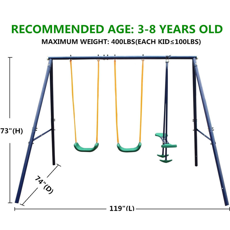 Metal Swing With Glider For Young , Heavy Duty A - Frame Structure, Quick And Easy Installation, Safe Comfortable U Shaped Seats, Weather Proof Design, Bench Type 4 Swings, Blue , 70.46 In Height
