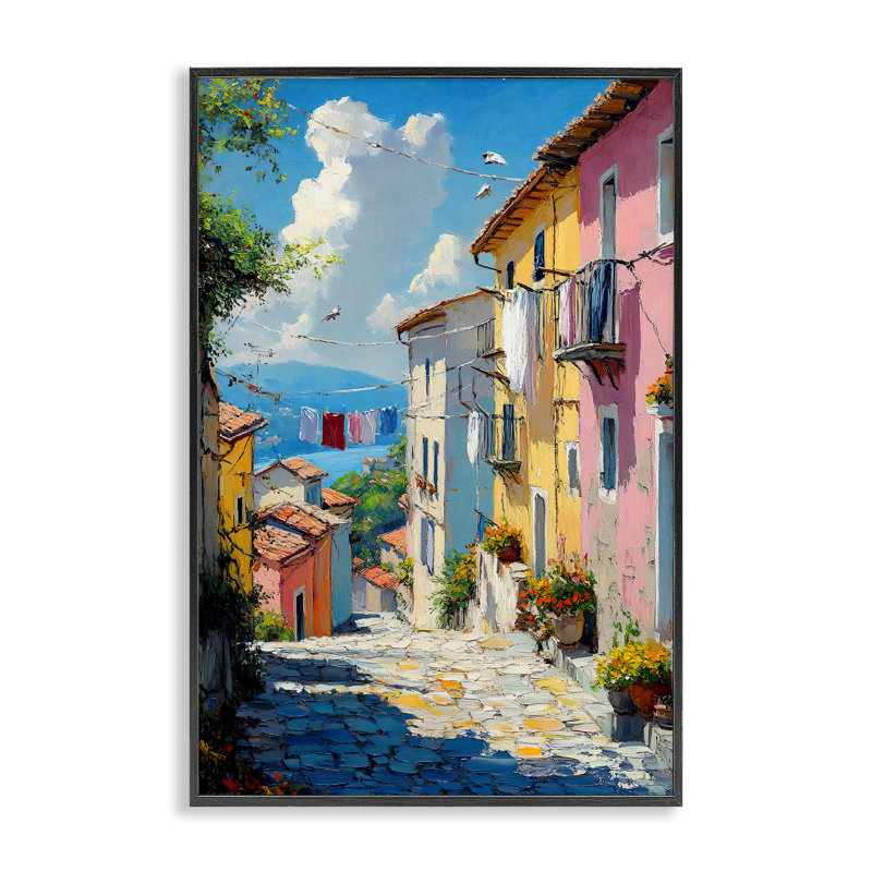 Giclée encadrée de ville côtière colorée, design par Creative Studio, H 18 po x l 12 po, Giclée encadrée noir minuit