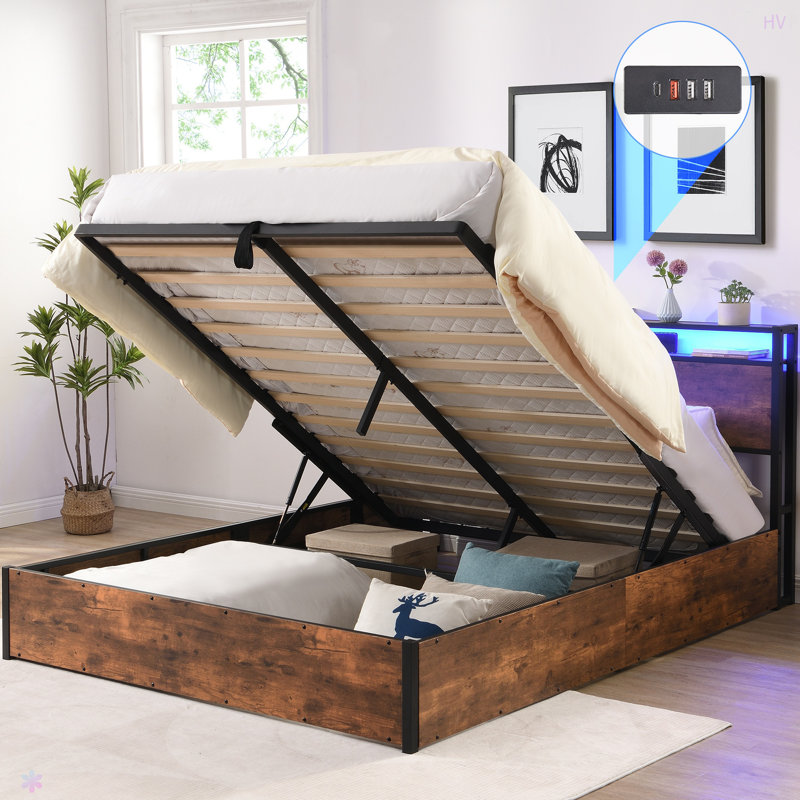 Base de lit avec rangement relevable, base de lit avec tête de lit bibliothèque et lumières DEL, base de lit plateforme en bois avec station de charge