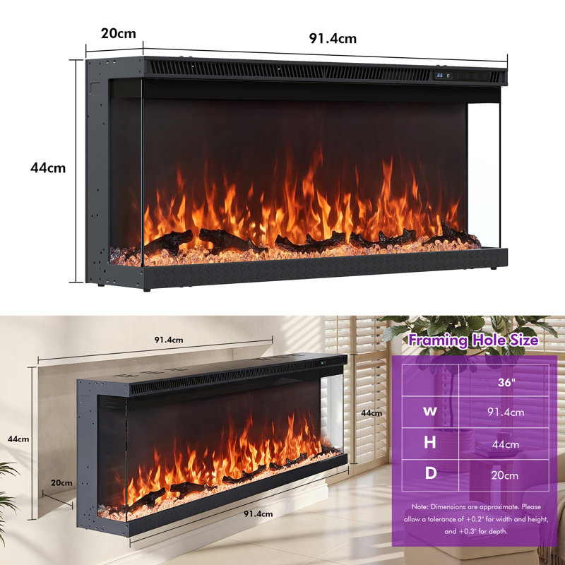Advait Metro Lane Black Electric Fireplace, 44cm x 91.4cm x 20cm