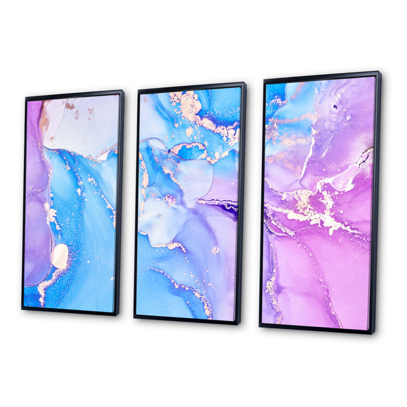 «Blue and Purple Abstract Marble II», reproduction de cadre flottant sur toile 3 pièces, H 32 po x l 48 po x P 1 po, Noir