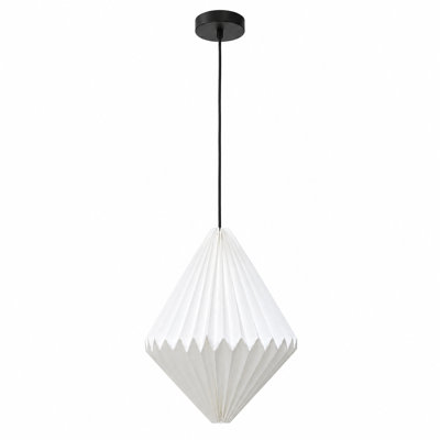 Suspension moderne à une lumière en papier plissé blanc avec abat-jour géométrique