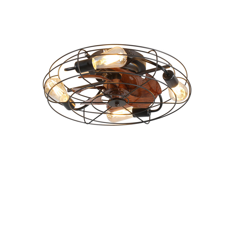 20'' Black Caged Ceiling Fan with Light, Farmhouse Low Profile Ceiling Fan with Remote Control, Modern Enclosed Flush Mount Ceiling Fan with Reversible Motor for Bedroom Living Room Kitchen
