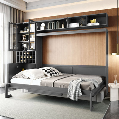 Grand lit escamotable mural avec canapé, tablettes USB et lumière, gris