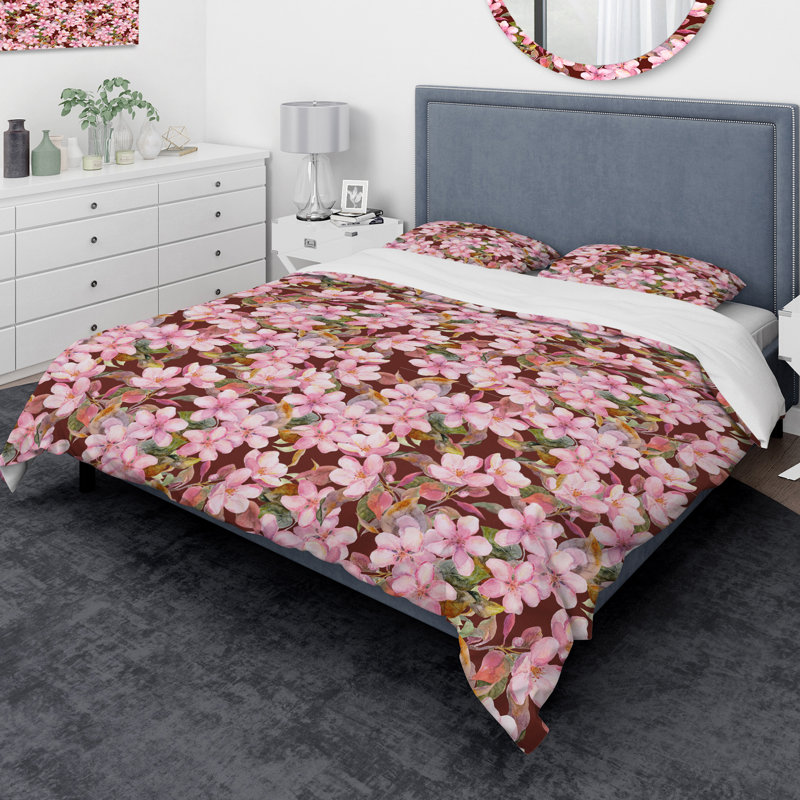 Ensemble de housse de couette designart fleuring, Housse de couette grand + 2 taies décoratives, Rose/brun