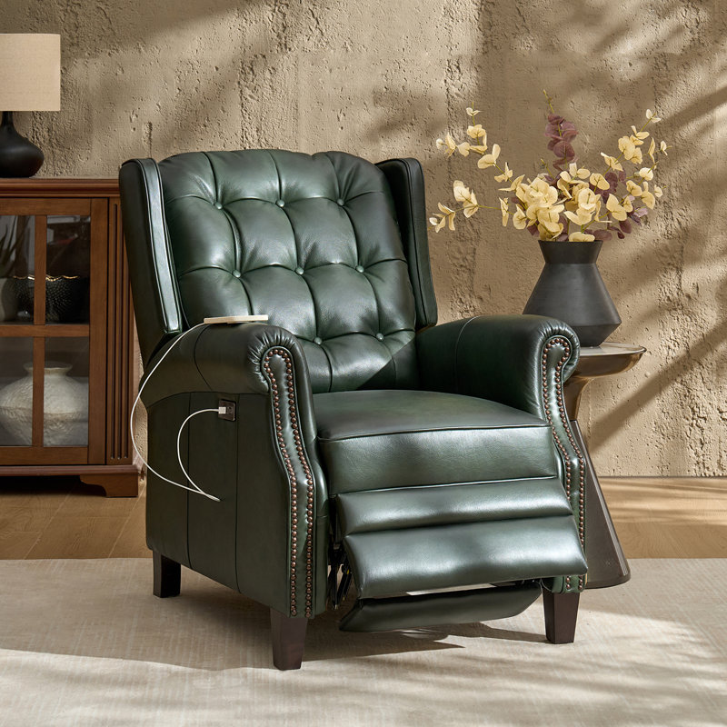 Martina 29.25''W Waxed Leather Power Recliner with Solid Wood Legs, Green
