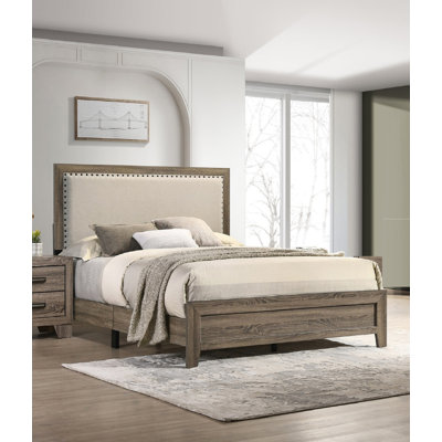 Fabric Upholstered Headboard Tufted Nailhead Trim 1Pc Panel Bed Beautiful Wooden Bedroom Furniture