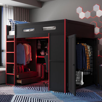 Lit mezzanine double avec bureau, lumières RVB, garde-robe et rangement, rouge