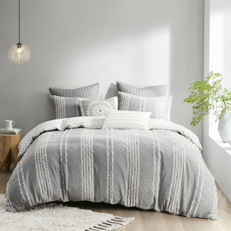 Full/Queen Bed Duvet Cover, Cotton In Grey And Designs Sized Bedding With Secure Ties