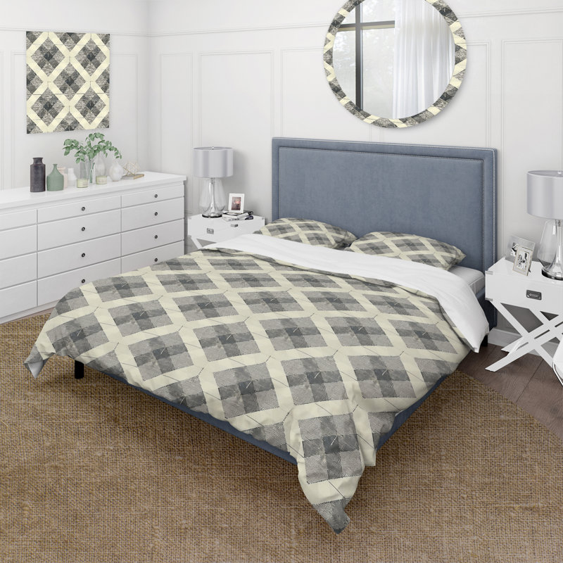 Ensemble de housse de couette Beige Grey Houndstooth Print II - Traditional, Housse de couette très grand et 2 très grandes t