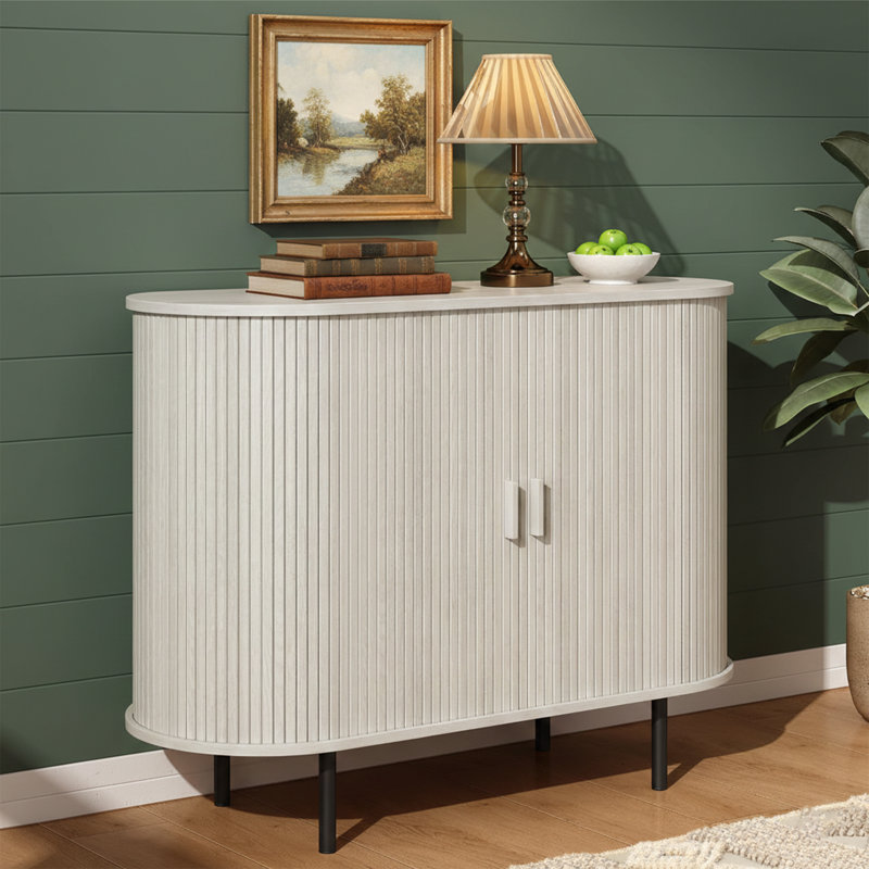 Buffet de 40 po de large avec portes coulissantes et bords de sécurité incurvés, console de bar à café moderne - noyer