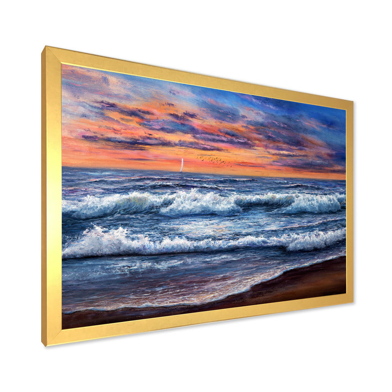 Coucher de soleil sur l'océan bleu II - peinture sur toile, H 16 po x l 32 po x p 1 po, Encadrement doré