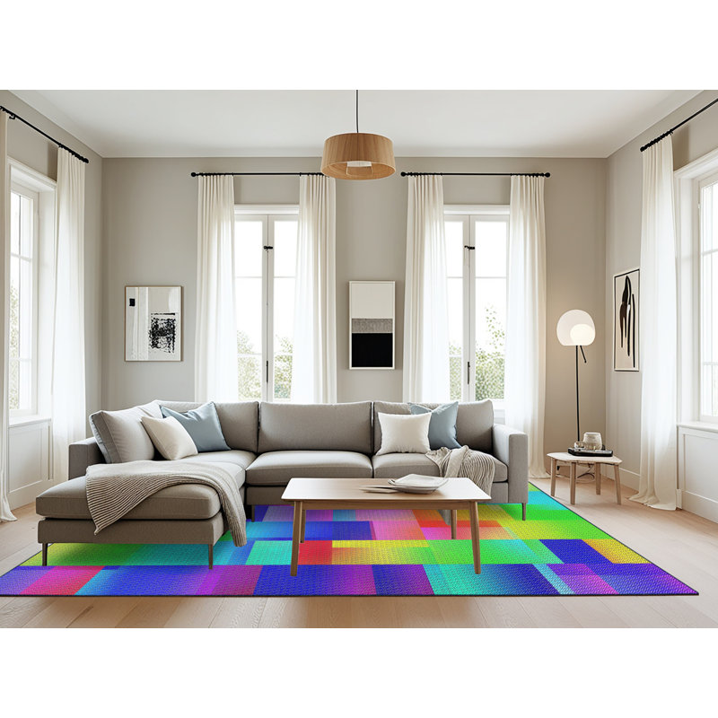Tapis jaune/vert/rouge tissé à la machine, Rectangle 8 pi x 10 pi