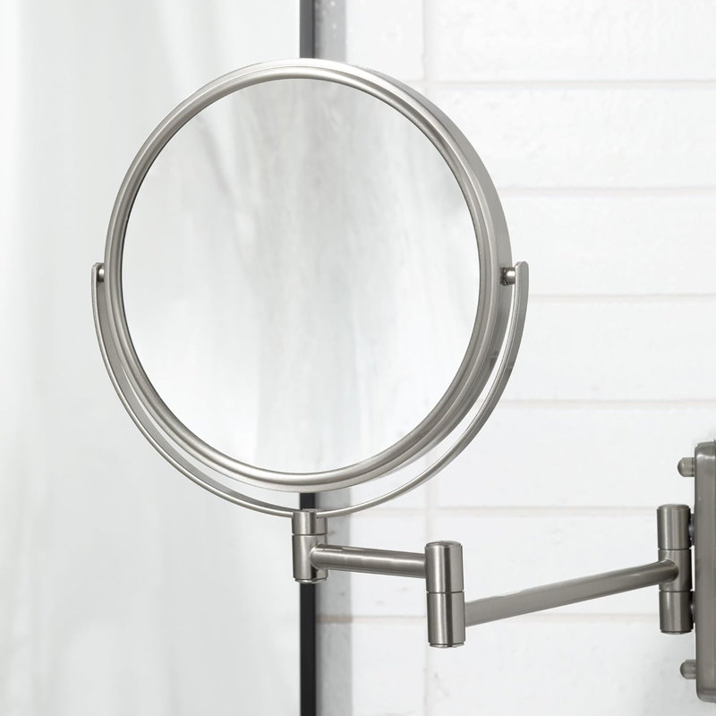 Wall-Mounted Bathroom Magnifying Makeup Mirror With 5X Magnification, 8-Inch Diameter, 360° Swivel & Extendable Arm, Nickel Finish