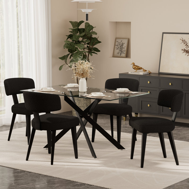 Ensemble de table et chaises de salle à manger modernes en métal chromé et verre, avec chaises de salle à manger de luxe en bouclette.