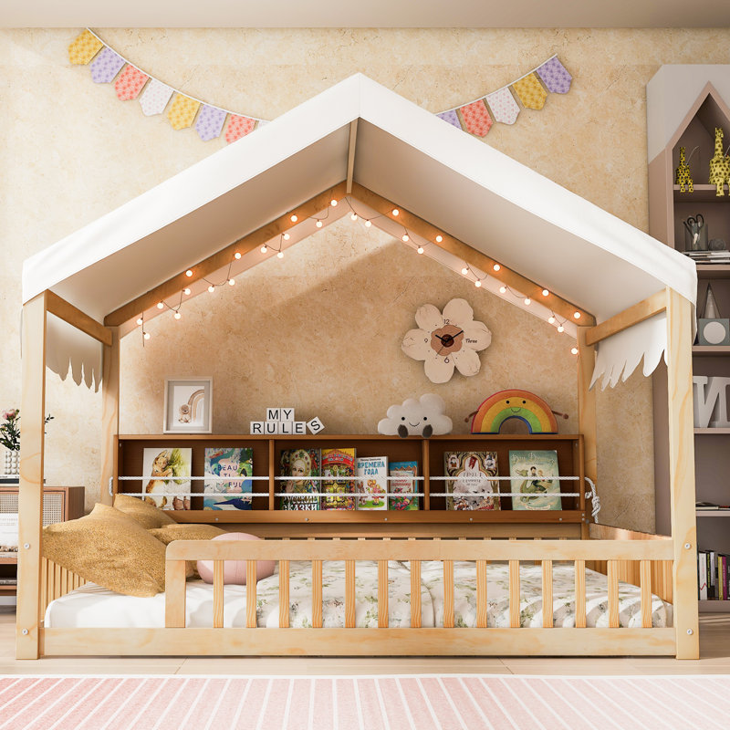 Full Size Wooden Floor Bed,House-Shaped Daybed with Fense,3 Storage Bookshelves,Curtain and LED Light,Natural+Beige