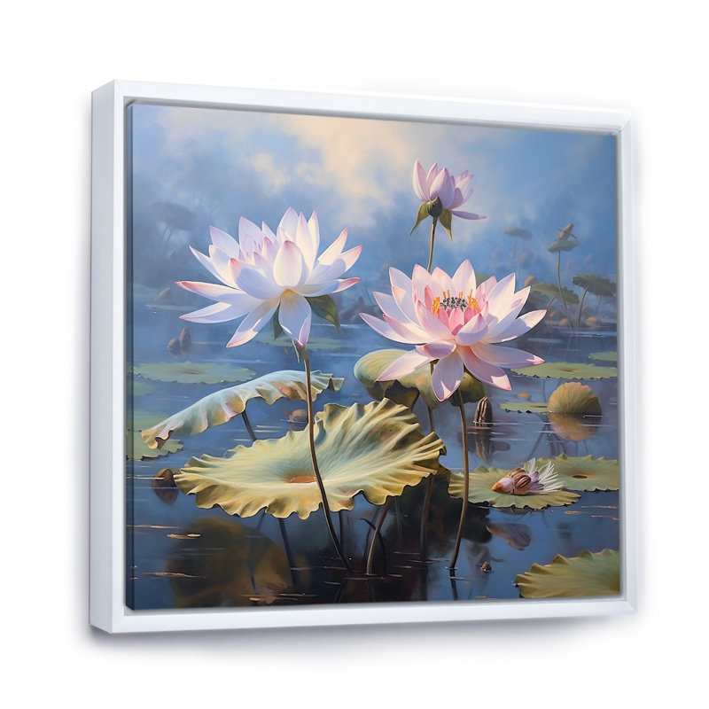 Lotus, éternelle beauté parmi les nénuphars, H 24 po x l 24 po x P 1 po, Cadre flottant blanc