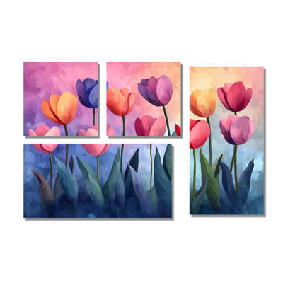 «Blue Velvet Sky Pink Tulips Fiedl», art mural floral 4 pièces