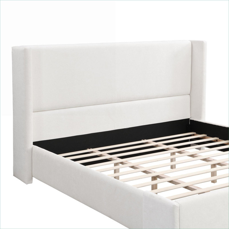 Upholstered King Size Bed Frame, Elegant Statement Tall Wingback Headboard, Soft Fabric, Crisp White