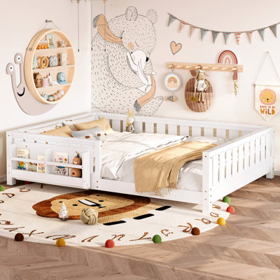 Queen Kids Bed with Built-in Bookshelf, Premium Safety Guardrail, Low Floor Profile, Sturdy Pine Wood Structure for Independent Toddler Sleeping