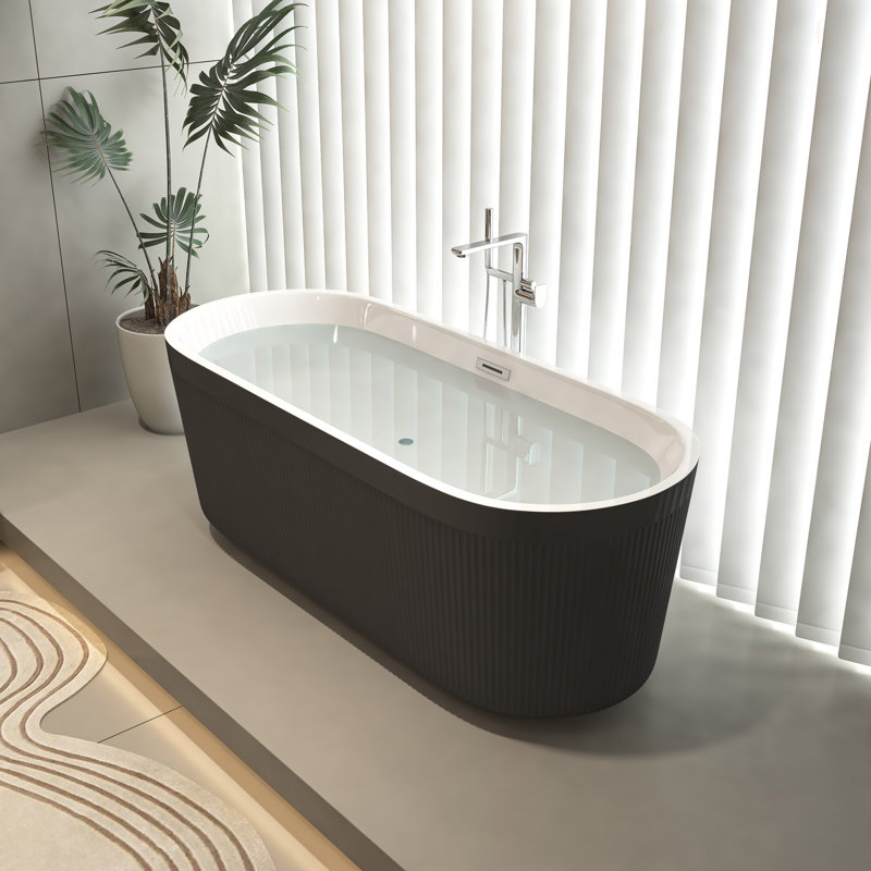 Baignoire autoportante en acrylique 67 po, conception plissée unique, trop-plein en nickel brossé et bonde escamotable, certifiée Cupc