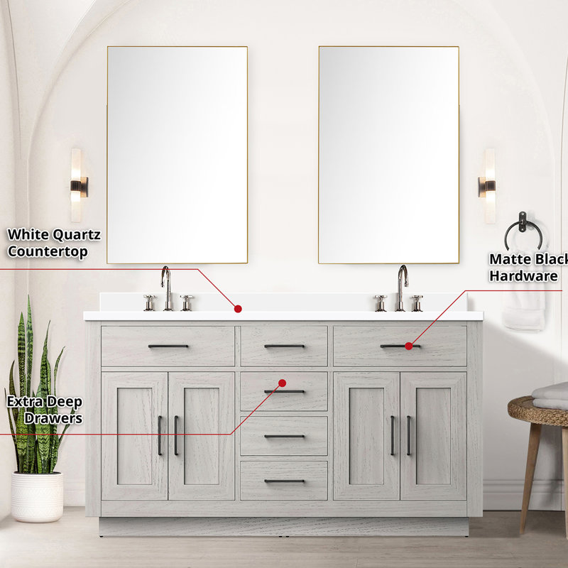 Meuble-lavabo double 60 po X P 22 po, chêne blanc, comptoir en quartz, miroir 55 po, robinet - assemblé 60 po 22 po,