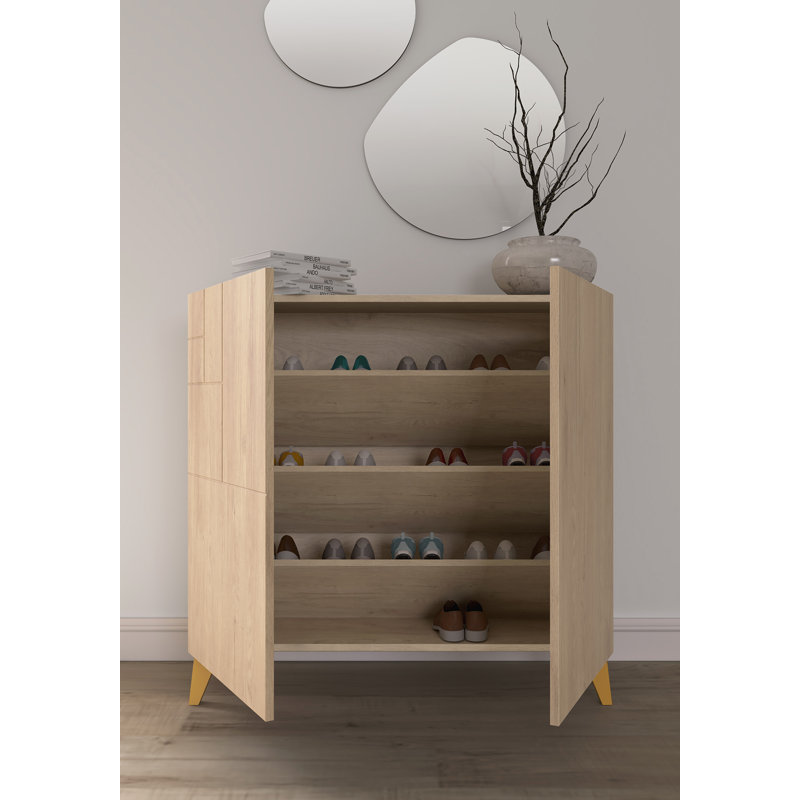 12 Pair Shoe Storage Cabinet, Light Oak/Mustard
