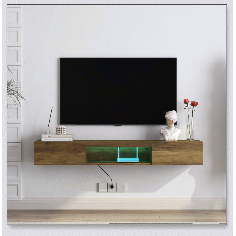 Meuble télé flottant, meuble télé mural avec lumières DEL et prise de courant, meuble télé flottant mural 65 po avec 16 couleurs DEL