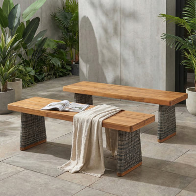 Outdoor 1pcs Acacia Wood Bench,Teak Finish+ Grey Wicker