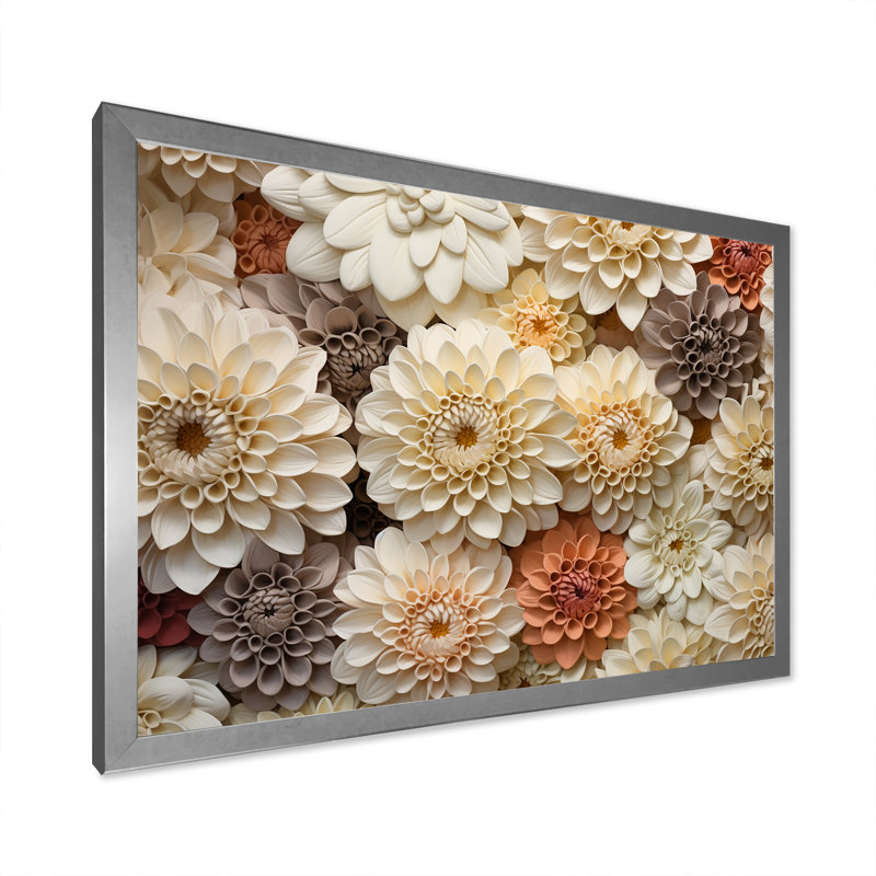 Minimalisme, fleurs de zinnias beiges sur toile, Cadre simple argenté, H 16 po x l 32 po x P 1 po