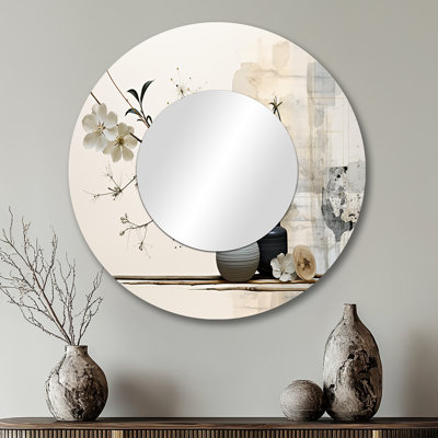 Asian Art Sumie Zen II - Asian Art Mirror, White Round Unique Wall Mirror, Printed Metal Art