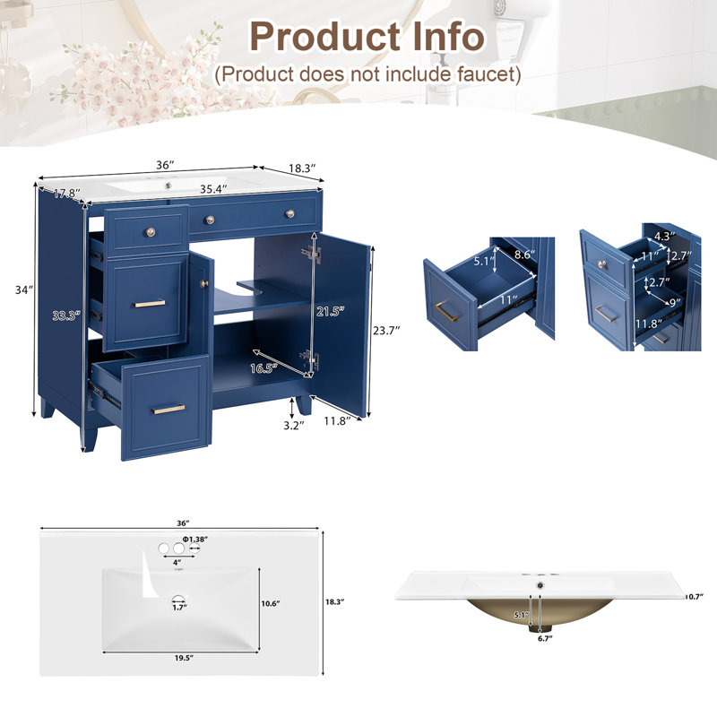 Meuble-lavabo avec lavabo en céramique, armoire de rangement moderne pour petites et moyennes salles de bain, Bleu