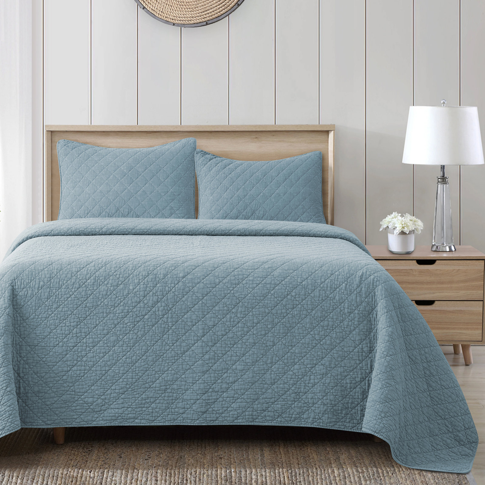Bostwick Stonewashed Cotton Gauze Solid Color Classic Casual Modern Rustic Quilt Set, King Quilt + 2 King Shams, Mineral Blue